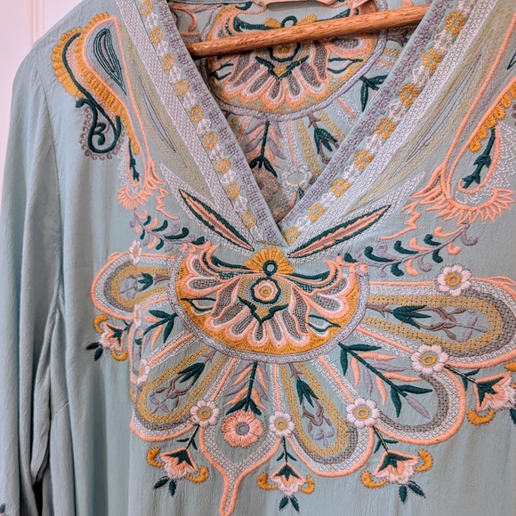 Soft Surroundings Embroidered Tunic in Aqua and Gold (XL) - Picture 2 of 6